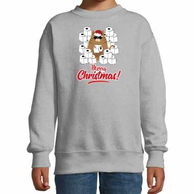 Foute kerstsweater / verkleedkleding met hamsterende kat merry christmas grijs voor kinderen