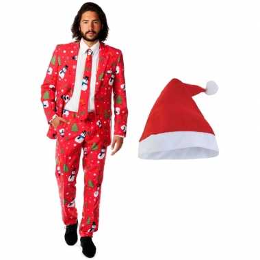 Heren opposuits kerst verkleedkleding rood met kerstmuts maat 48 (m)