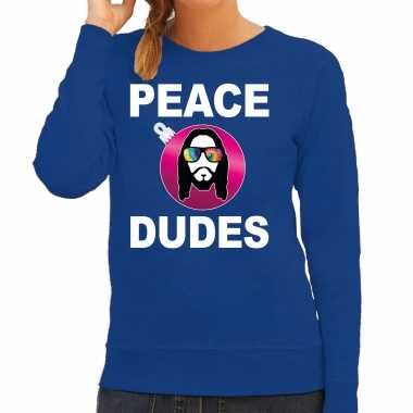 Hippie jezus kerstbal sweater / kerst verkleedkleding peace dudes blauw voor dames