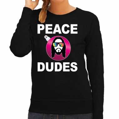Hippie jezus kerstbal sweater / kerst verkleedkleding peace dudes zwart voor dames