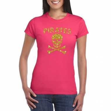 Piraten shirt / foute party verkleed verkleedkleding / verkleedkleding goud glitter roze dames