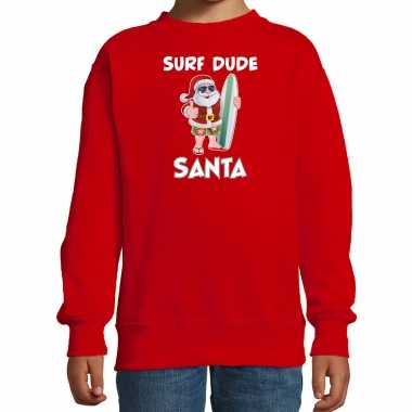 Surf dude santa fun kerstsweater / verkleedkleding rood voor kinderen