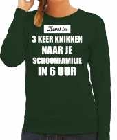 Groene foute kersttrui sweater kerst is 3 keer knikken naar schoonfamilie verkleedkleding dames