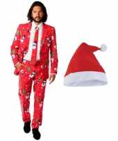 Heren opposuits kerst verkleedkleding rood met kerstmuts maat 48 m