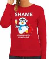 Pinguin kerstsweater verkleedkleding shame penguins with champagne rood voor dames
