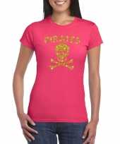 Piraten shirt foute party verkleed verkleedkleding verkleedkleding goud glitter roze dames