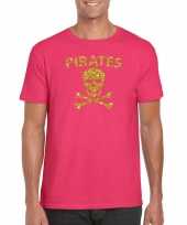 Piraten shirt foute party verkleed verkleedkleding verkleedkleding goud glitter roze heren