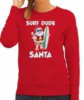 Surf dude santa fun kerstsweater verkleedkleding rood voor dames